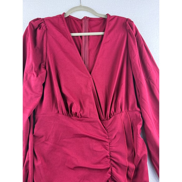 Cupshe Burgundy Ruched Wrap V-Neck Long Sleeve Ruffle Mini Dress CAA05A3L045JJ L - Picture 2 of 15